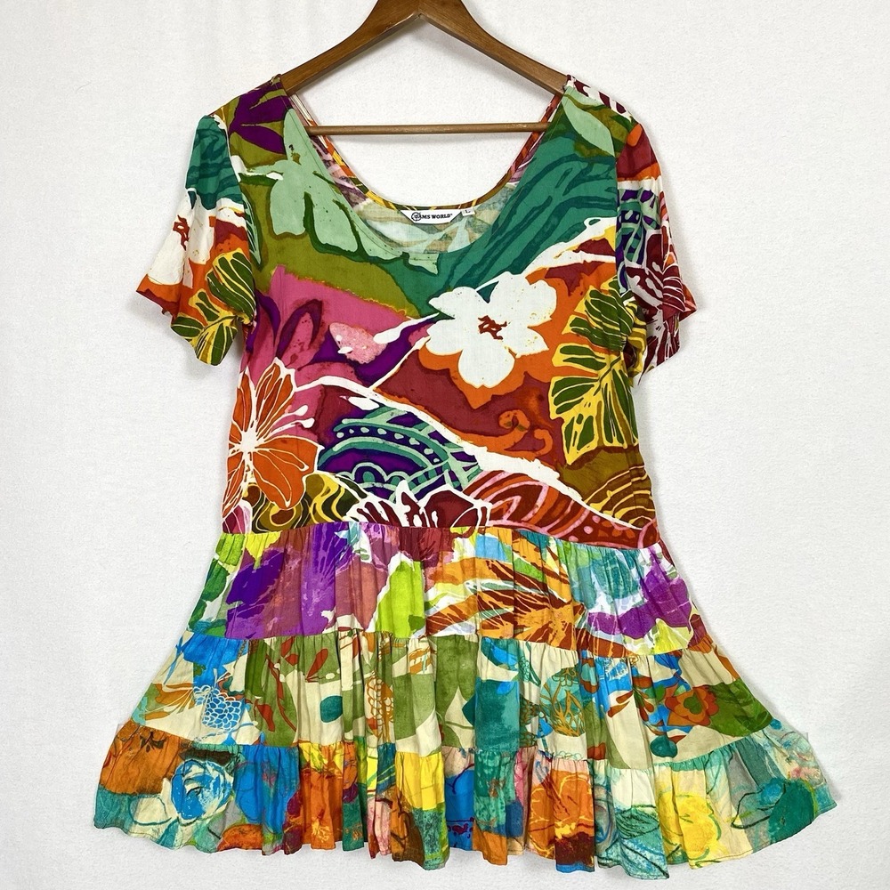 Jams World Sz Large Hattie Dress Mini Floral Tropical Vacation Resort Beach Art